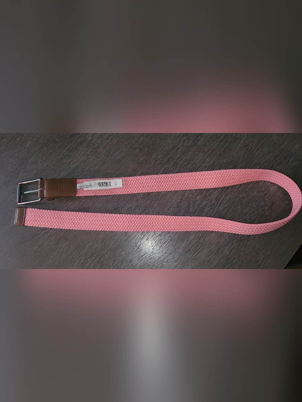 Perry Ellis Pink Woven Stretch Belt with Brown Leather Trim